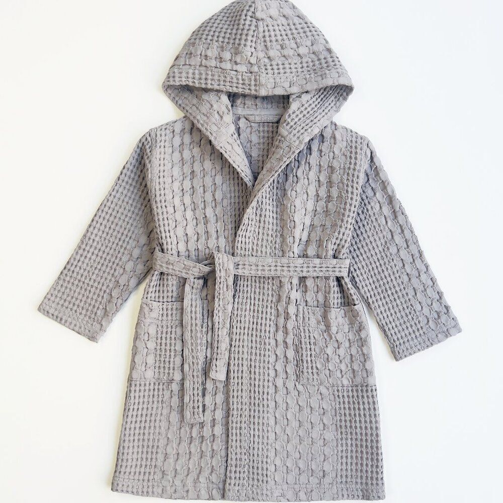 Organic Waffle Cotton Kids Bathrobe Grey